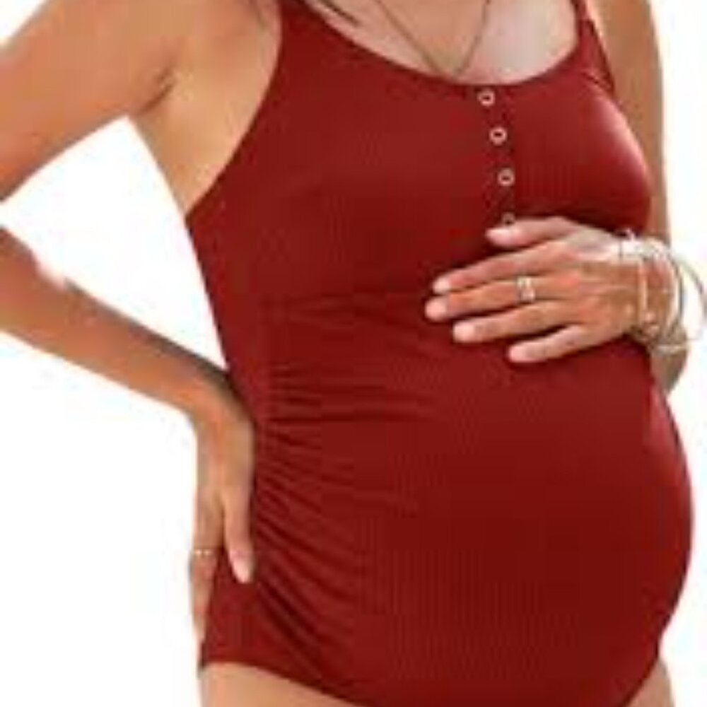CUPSHE RUSTIC COPPER RIBBED CUTOUT BACK RUCHED MATERNITY SWIMSUIT SIZE LARGE NWT - Picture 8 of 8